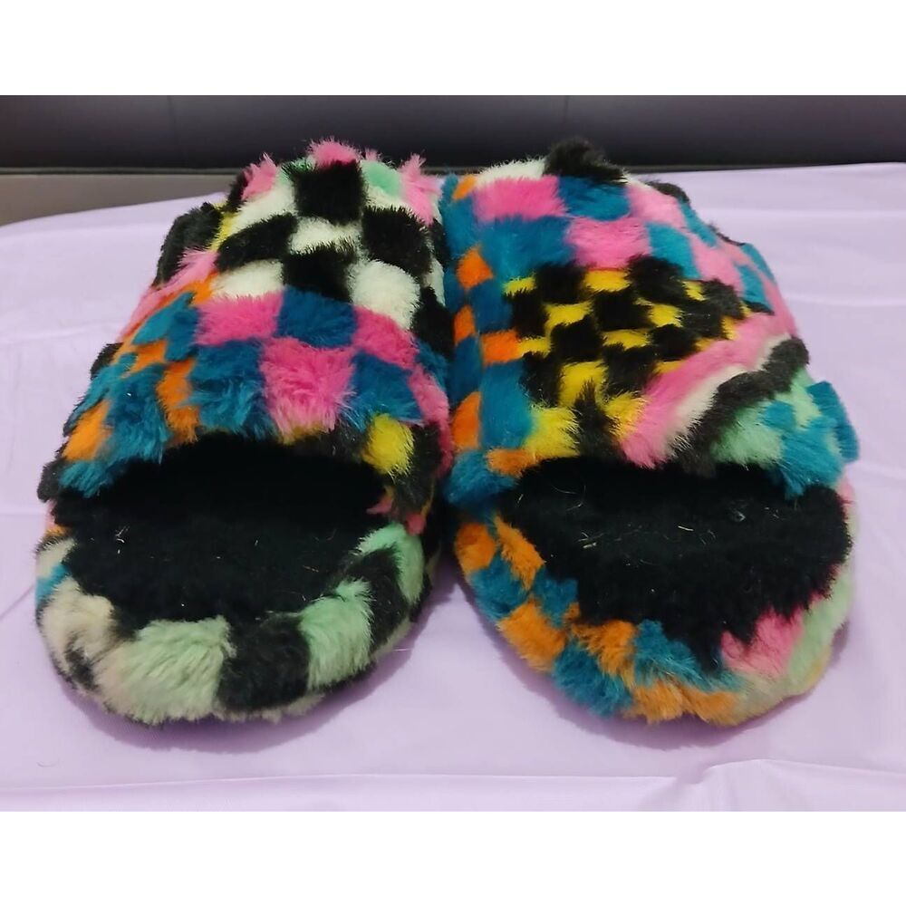 Uggs womens size 8 fluff yeah sandals checkered plaid pink slippers green - Picture 4 of 8